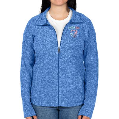 Ladies heather blue personalized jacket.