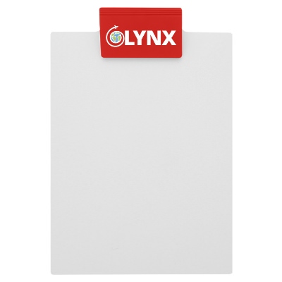 Red polystyrene clipboard with a personalized logo.