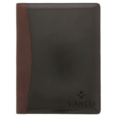Black leather business portfolio with brown spine and custom debossed imprint.