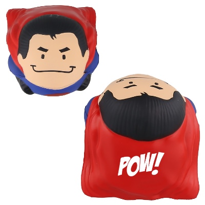 Red with blue foam stress ball with a branded logo.