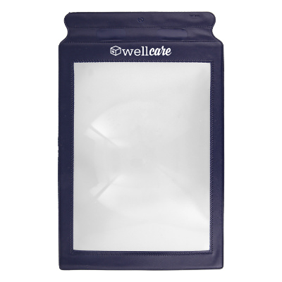 Blue plastic magnifier with a custom logo.