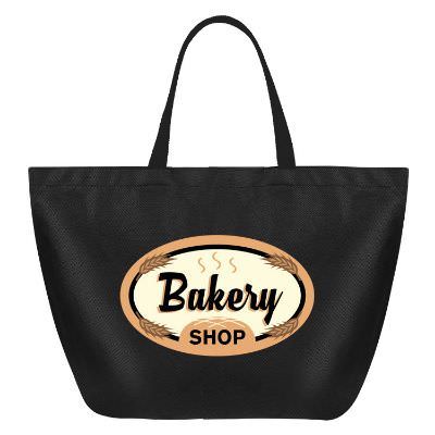 Polypropylene navy blue tote bag with full-color custom design.