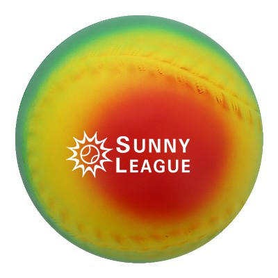 Rainbow foam stress ball with a custom logo.