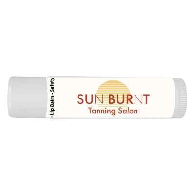 Plastic white lip balm with a customized imprint.