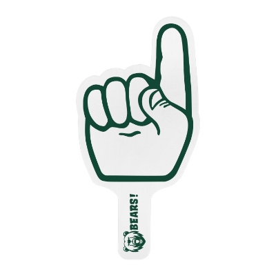 White plastic hand fan with a custom logo.