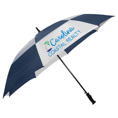 Navy with white shed rain windjammer vented auto open golf umbrella with unique full color imprint.