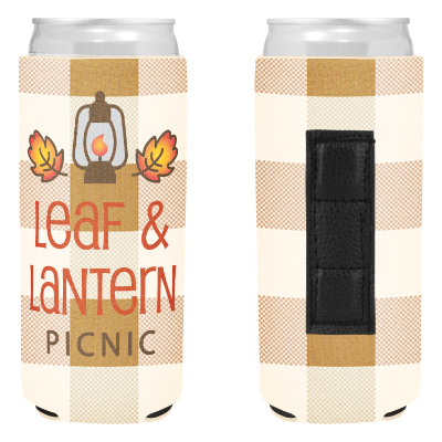 Fall slim can cooler with custom full color imprint.