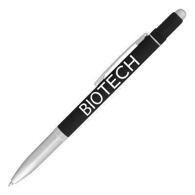 Silver metal pen with a custom logo.
