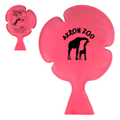Red rubber whoopee cushion with a branded logo.