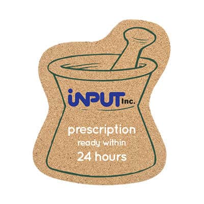 Large cork mortar and pestle coaster with full color imprinting.