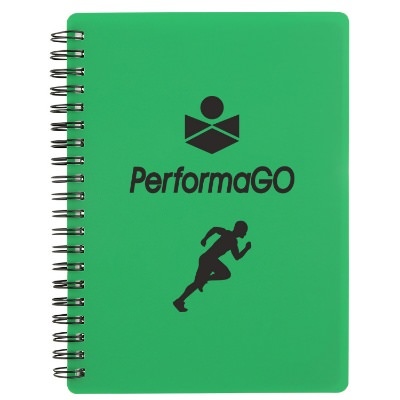 Translucent purple notebook with custom logo.