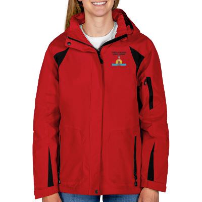 Embroidered red customized ladies coat.
