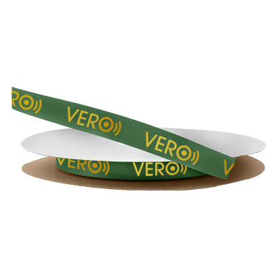 Green satin ribbon with a branded logo.