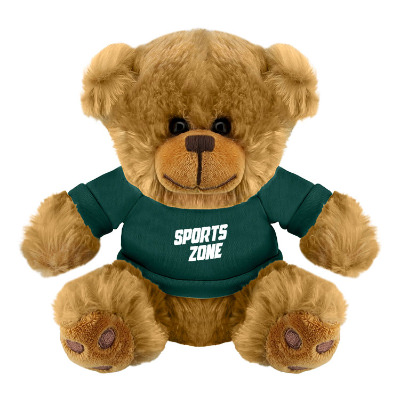 Plush and cotton brown bear with a green t-shirt with a personalized logo.