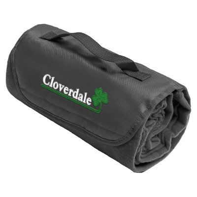 Embroidered gray fleece blanket that can fold within itself with attached handle.