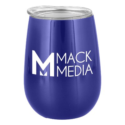 Blue wine tumbler with custom logo.