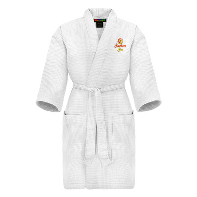 White cotton polyester robe with custom embroidered imprint.