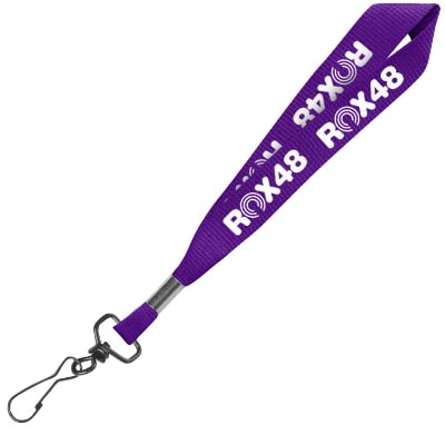 3/4 inch purple grosgrain polyester wrist lanyard with custom print and black j-hook.