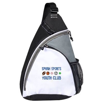 White sling backpack with embroidered logo.