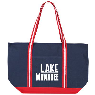 Cotton canvas navy with red large executive tote with logo.