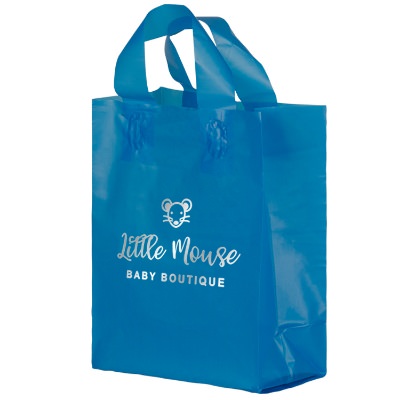 Plastic blue color foil stamped frosted shopper bag with branding.