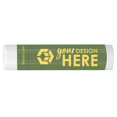 Orange personalized lip balm in black imprint.