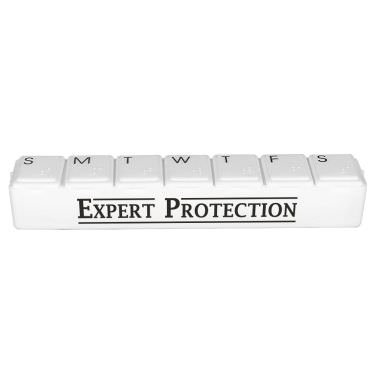 Plastic white pill box with a customized imprint.