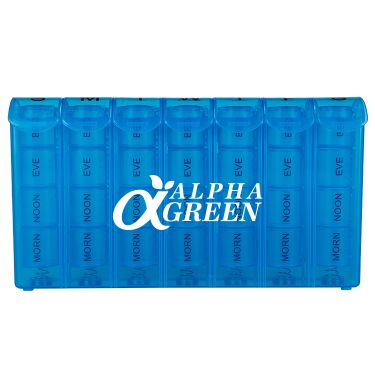 Plastic blue pill box with a personalized logo.