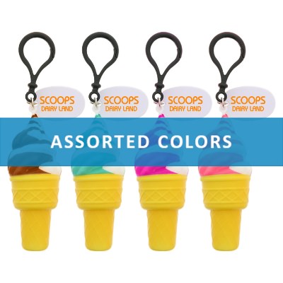 Squishy colorful ice cream cone keychain with custom imprint.