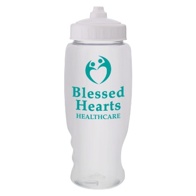 Plastic clear sports bottle with valve lid and custom branding in 27 oz.