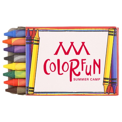 Cardboard 8 pack crayons with printed logo.