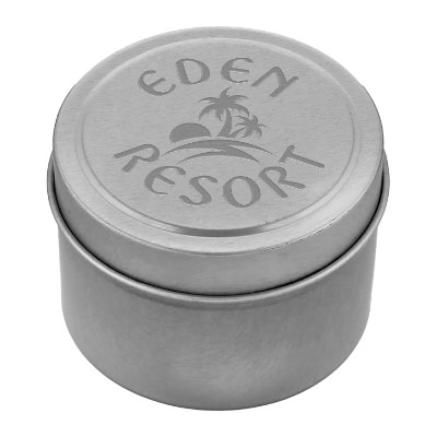 Silver tin candle with a personalized logo.
