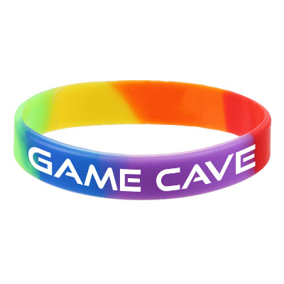 Rainbow silicone wristband with a branded imprint.