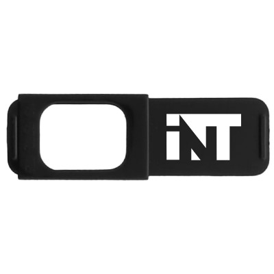 Plastic black webcam cover with a custom imprint.