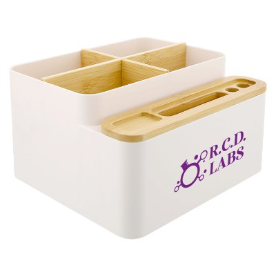 Plastic desk organizer with one color logo.