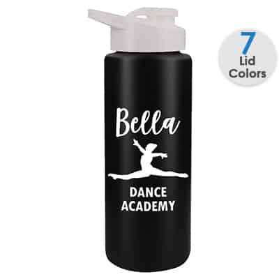 Plastic green water bottle with custom imprint and snap lid in 32 ounces.