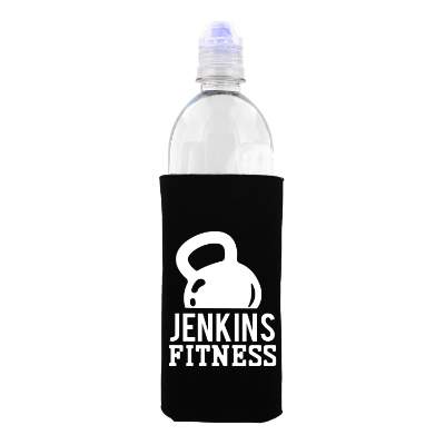 Foam yellow water bottle can cooler with custom print.