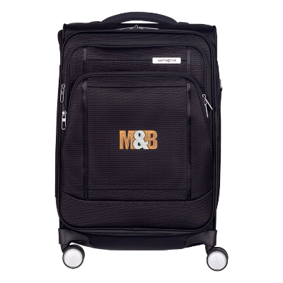 Black carry-on with custom logo.