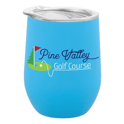 Teal wine tumbler with custom full color imprint.