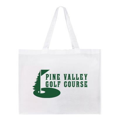 Non-woven polypropylene black shopper tote with branded imprint.