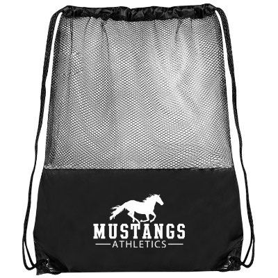 Polyester navy blue mesh panel drawstring bag with logoed imprint.