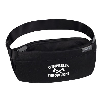 Personalized black belt bag with white custom imprint.