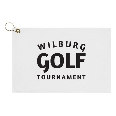 White golf towel with custom imprint.