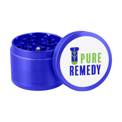 Blue metal grinder with custom full color logo.