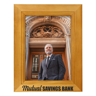 Teak wooden picture frame with a customized logo.