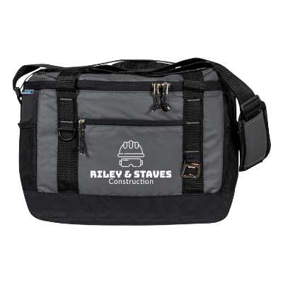 Gray cooler bag with custom logo.