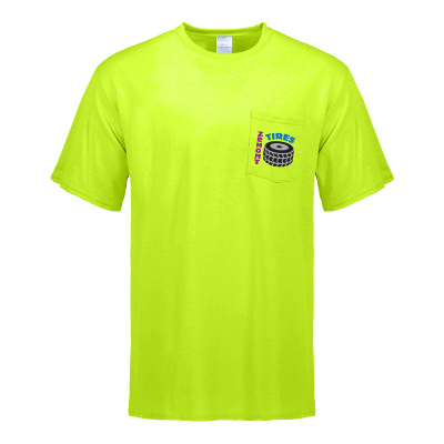 Personalized tall safety green pocket t-shirt with full color logo.