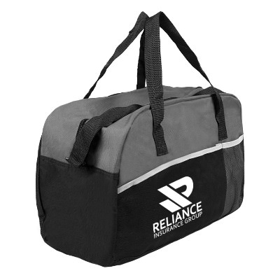 Custom gray and black duffle bag with white imprint.