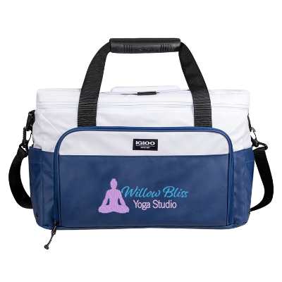 White and blue cooler with embroidered logo.