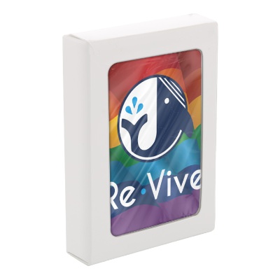 Raibbow paper playing cards with a branded imprint.